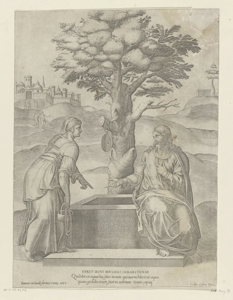 Christus en de Samaritaanse vrouw bij de put by anonymous, print, 1602