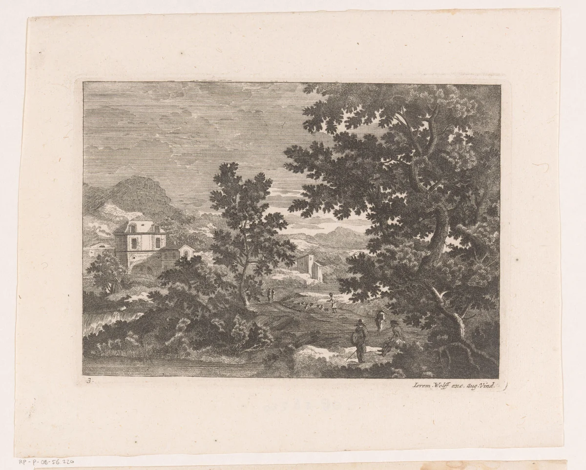 Landschap met een kleine waterval by anonymous, print, 1673-1724