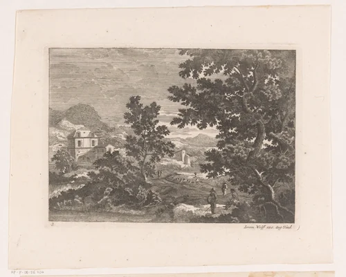 Landschap met een kleine waterval by anonymous, print, 1673-1724