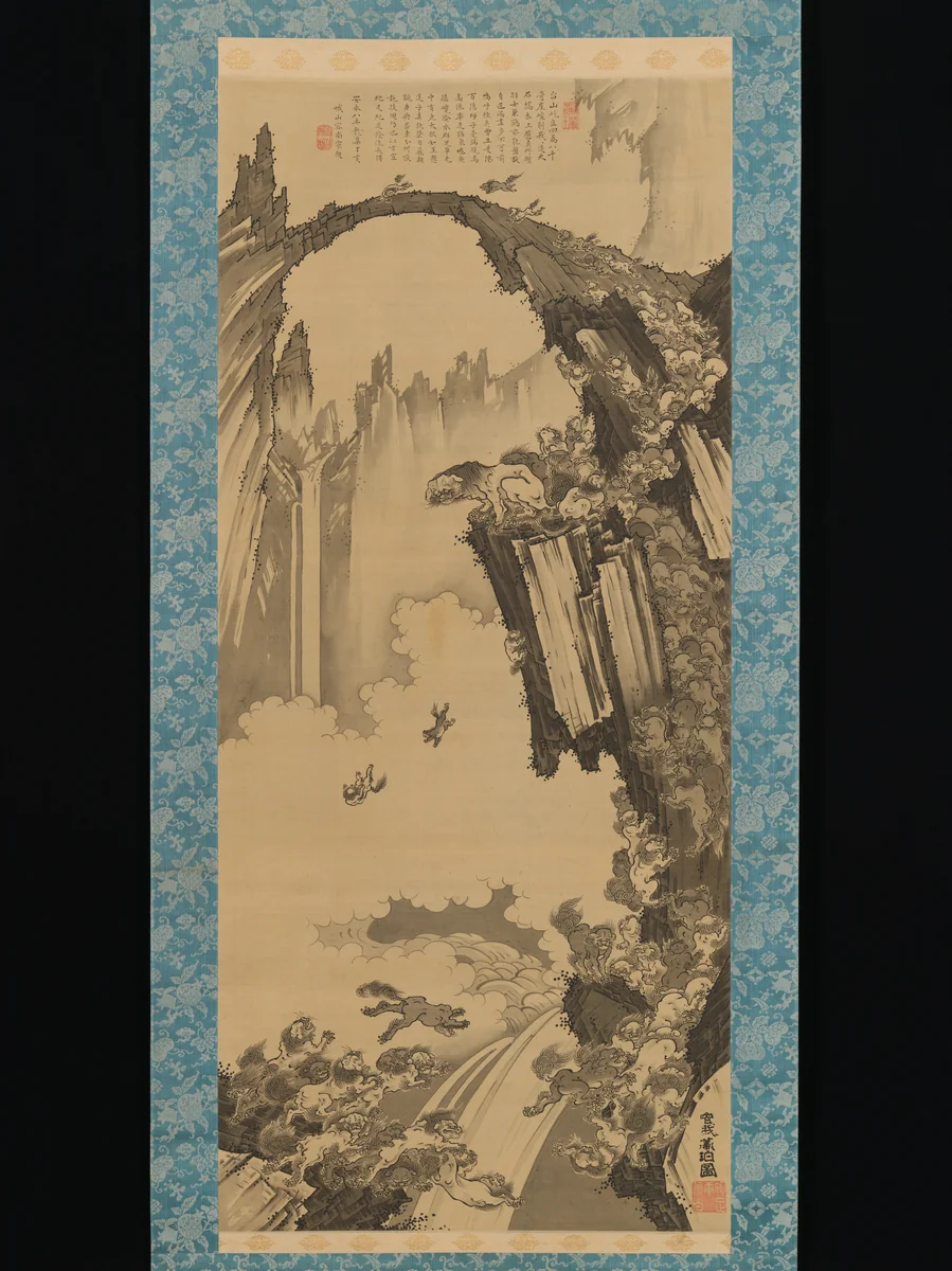 Lions at the Stone Bridge of Mount Tiantai by Soga Shōhaku (曾我 蕭白), painting, 1600-1850