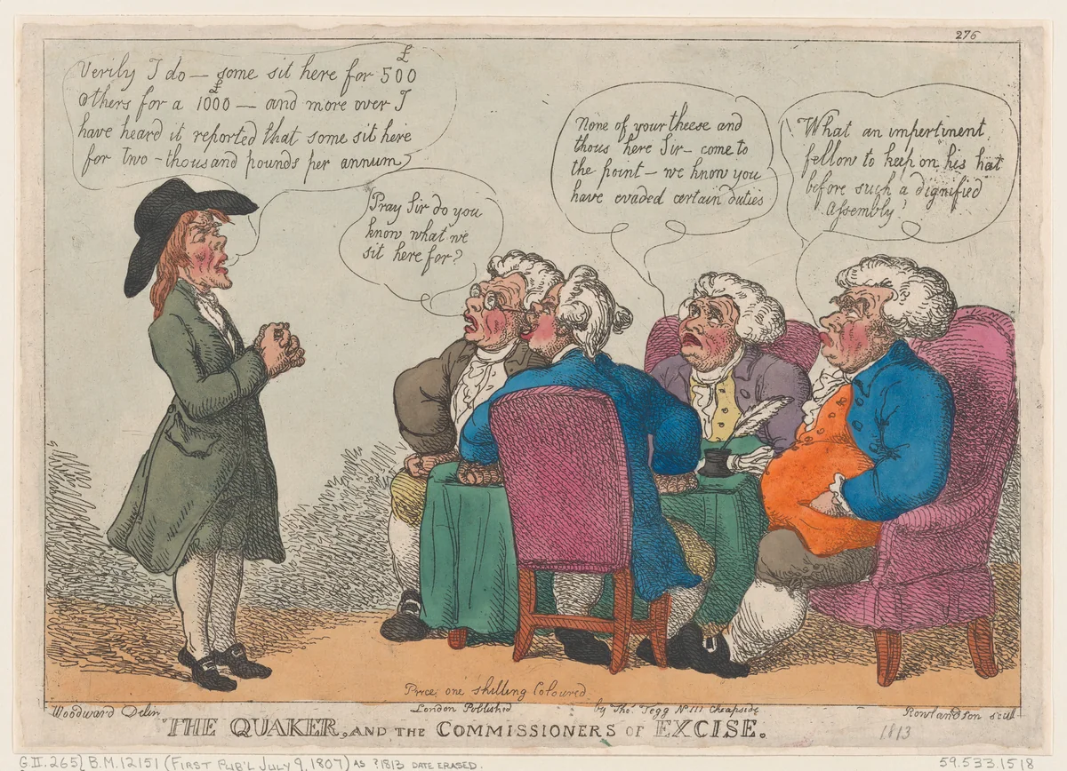 The Quaker, and the Commissioners of Excise by Thomas Rowlandson, print, 1807