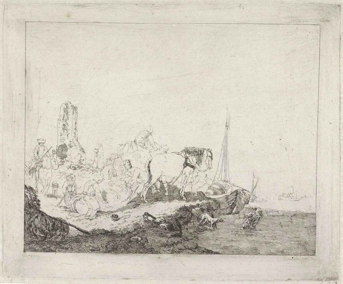 Strandscène met man en hond in het water by Joannes Bemme, print, 1795-1841