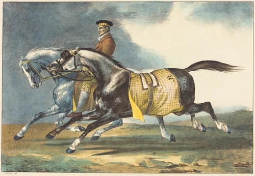 Two Dapple-Gray Horses Exercising (Deux chevaux gris pommele que l'on promene) by Léon Cogniet; Théodore Gericault, print, 1822