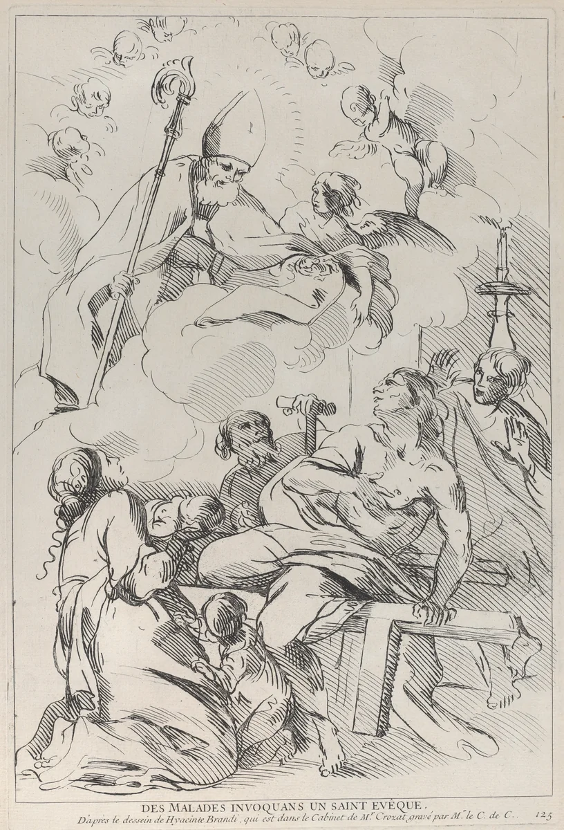 Sick people summoning a Bishop saint, who appears at upper left by Anne Claude Philippe de Tubières, print, 1729-1740