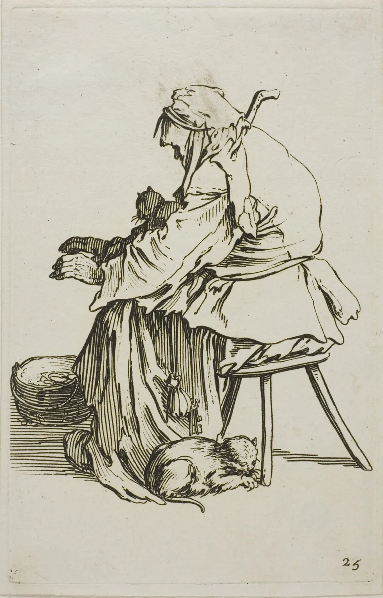 Old Woman with Cats, plate 25 from The Beggars by Jacques Callot, print, 1617-1627