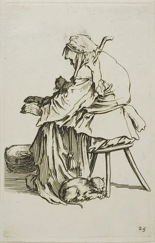 Old Woman with Cats, plate 25 from The Beggars by Jacques Callot, print, 1617-1627