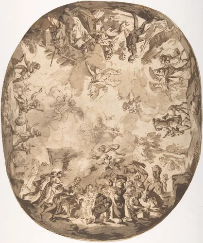 Design for an Oval Ceiling with Four New Testament Scenes by Bartolommeo Tarsia, drawing, 1711-1765