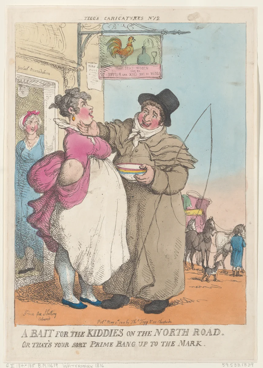 A Bait for Kiddies on the North Road. Or That's Your Sort Prime Bang up the Mark by Thomas Rowlandson, print, 1810