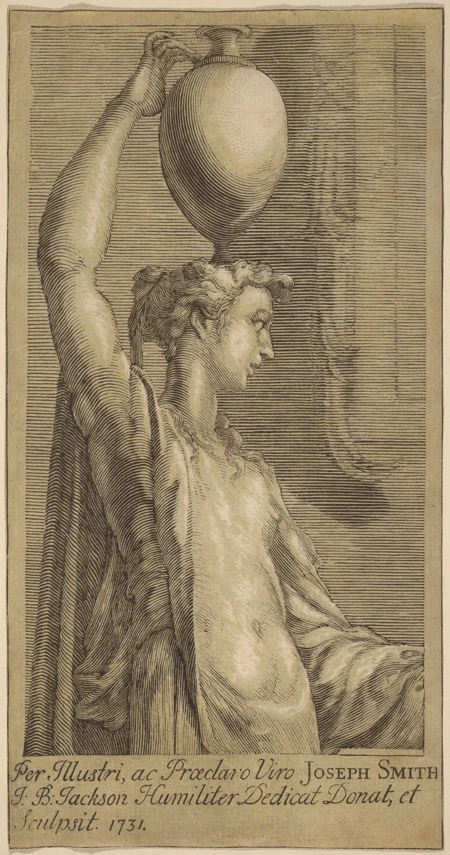Woman Standing Holding a Jar on the Head by John Baptist Jackson; Parmigianino, print, 1731
