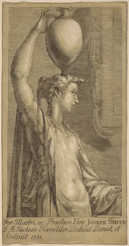 Woman Standing Holding a Jar on the Head by John Baptist Jackson; Parmigianino, print, 1731