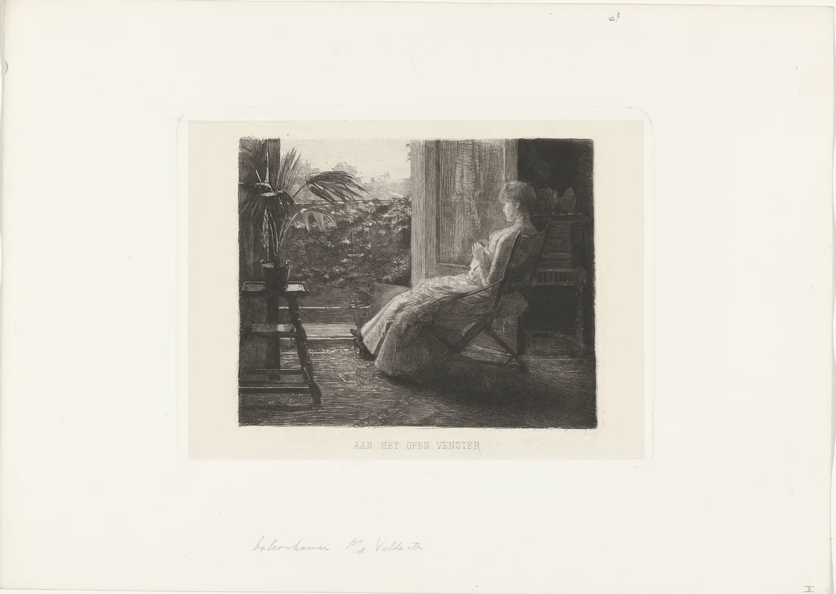 Jonge vrouw, bordurend, bij het open raam by Ferdinand Oldewelt, print, 1887