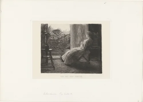 Jonge vrouw, bordurend, bij het open raam by Ferdinand Oldewelt, print, 1887