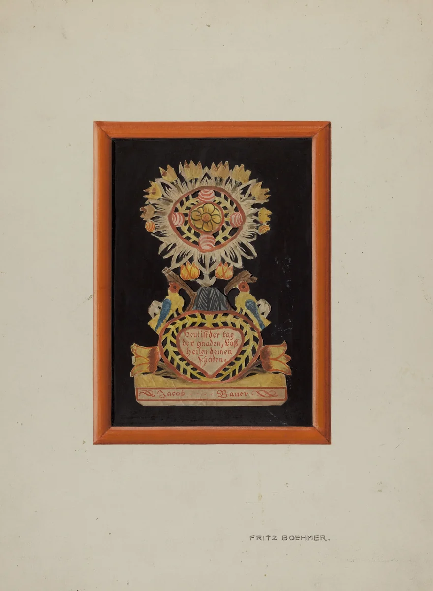 Memorial-Pennsylvania Fractur and Cut-out Commemorating Jacob Bauer by Fritz Boehmer, index of american design, 1939