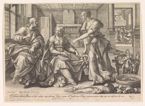 Christus in het huis van Martha en Maria by Unknown, print, 1584