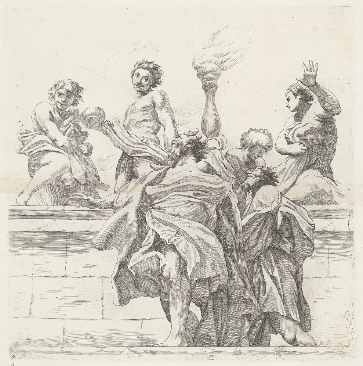 Twee apostelen en vier engelen by Giovanni Battista Vanni, print, 1609-1660