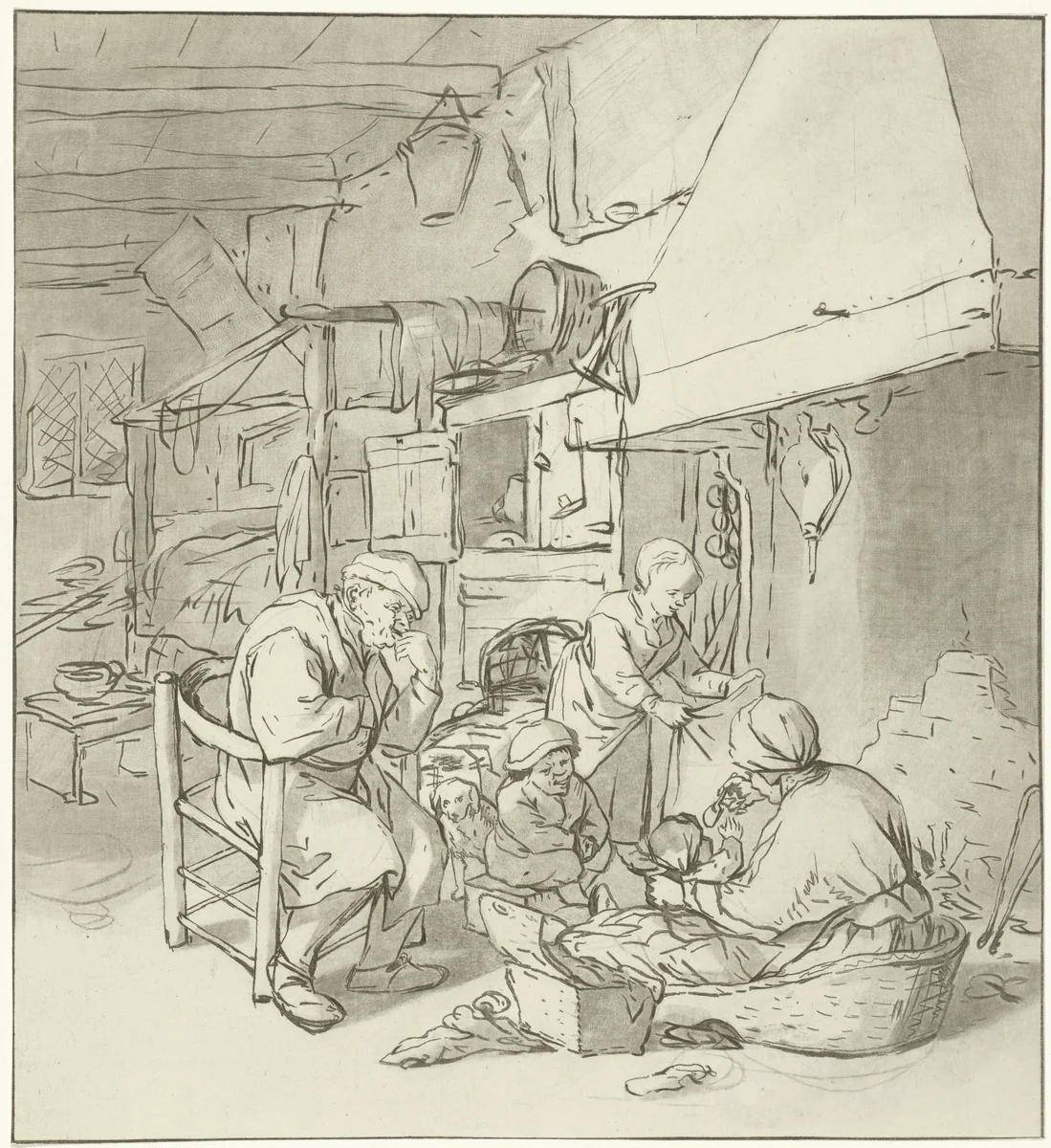 Boerengezin bij schoorsteen by Cornelis Ploos van Amstel, print, 1767-1821