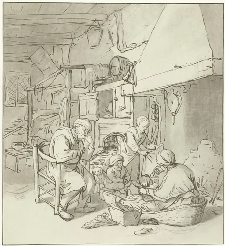 Boerengezin bij schoorsteen by Cornelis Ploos van Amstel, print, 1767-1821