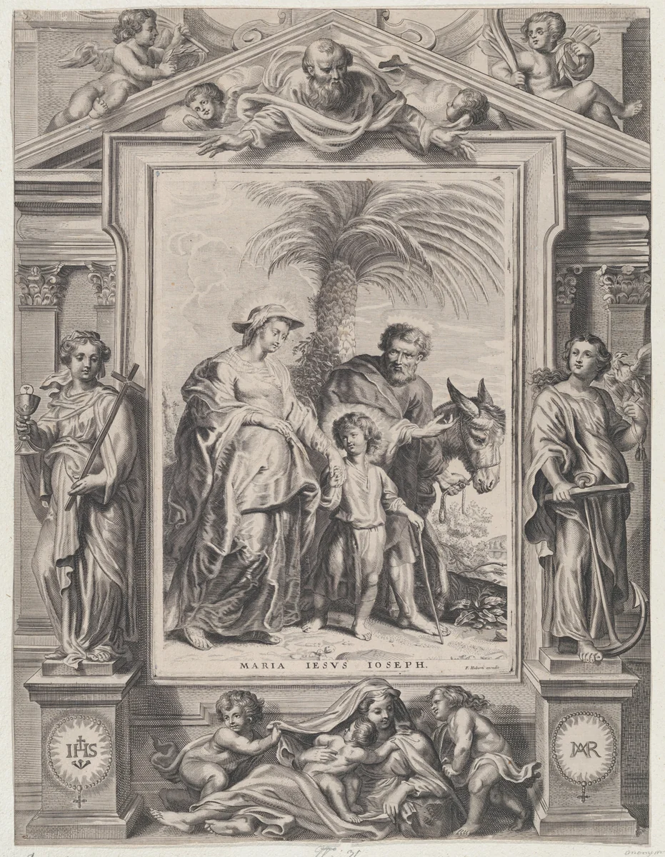 The Return from Egypt, the Christ child walking between the Virgin and Saint Joseph by Frans Huberti, print, 1645-1692