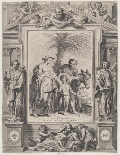 The Return from Egypt, the Christ child walking between the Virgin and Saint Joseph by Frans Huberti, print, 1645-1692