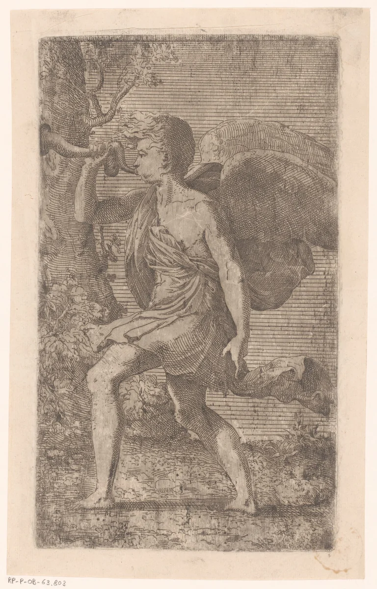 Trompetblazende engel by Léon Davent, print, 1540-1556