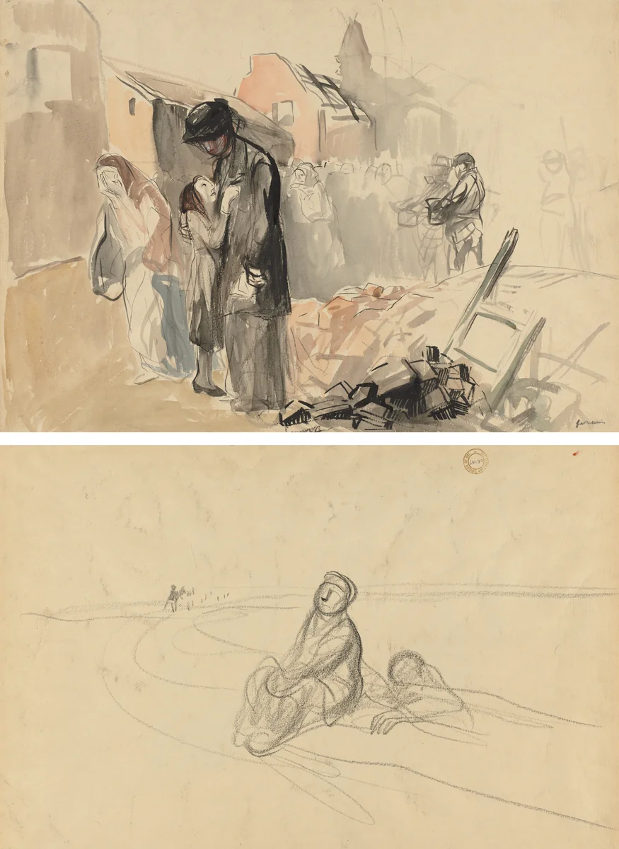 Reconquered Territory (recto) Two Figures on a Road (verso) by Jean-Louis Forain, drawing, 1914-1924