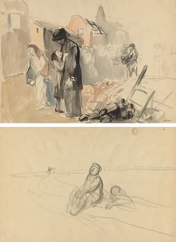 Reconquered Territory (recto) Two Figures on a Road (verso) by Jean-Louis Forain, drawing, 1914-1924