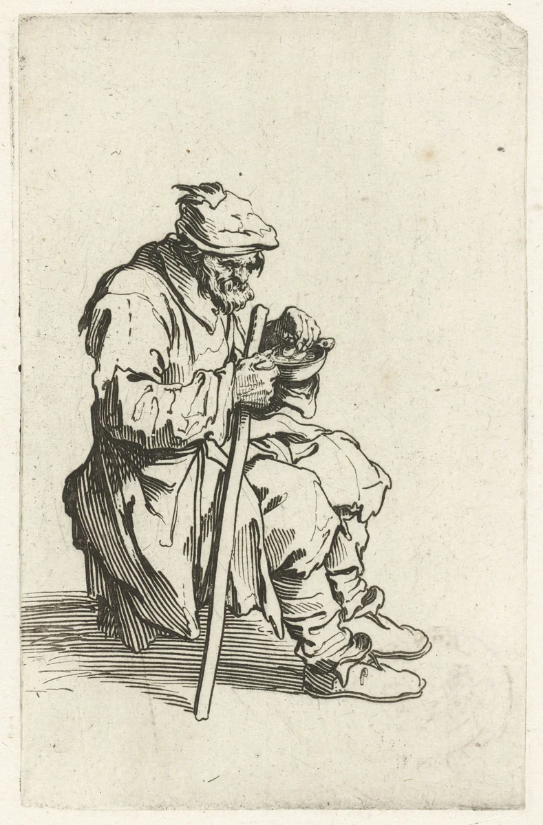 Zittende bedelaar met een kom en een stok by Jacques Callot, print, 1622-1623