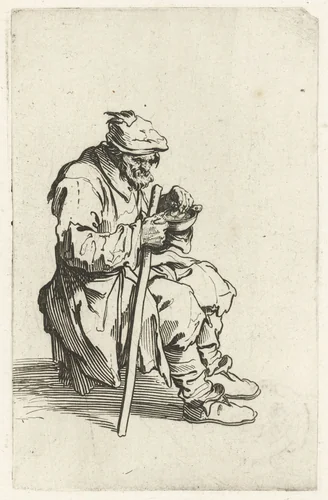 Zittende bedelaar met een kom en een stok by Jacques Callot, print, 1622-1623