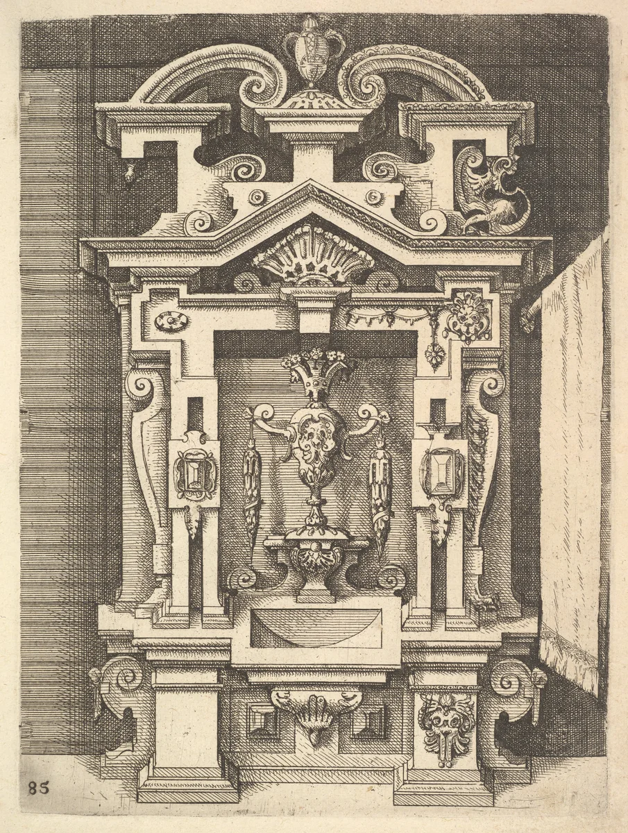 Design for a Lavabo, plate 85 from "Architettura" by Wendel Dietterlin, print, 1598