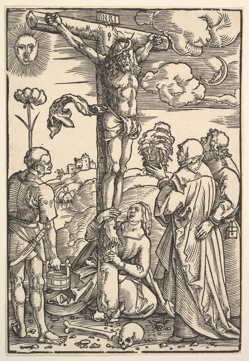 Christ on the Cross with the Virgin and Saints Longinus, Mary Magdalen and John by Hans Baldung, print, 1505