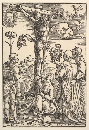 Christ on the Cross with the Virgin and Saints Longinus, Mary Magdalen and John by Hans Baldung, print, 1505