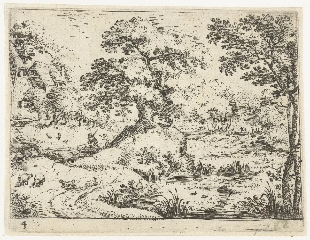 Landschap met reizigers nabij huizen by Jacob Savery, print, 1584-1603