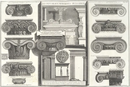 Various Roman Ionic capitals compared with Greek examples from Le Roy [S. Maria in Trastevere, S. Paoplo fuori le Mura, S. Clemente, etc.], tab. 20 from "Della Magnificenza e d'Architettura de'Romani" (On the Grandeur and the Architecture of the Romans by Gio. Battista Piranesi, Fellow of the Royal Society of Antiquaries of London) by Giovanni Battista Piranesi, print, 1735-1778