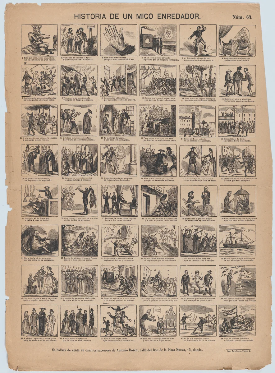 Broadside with 48 scenes relating to the story of a 'mico enredador' by Antonio Bosch, print, 1855-1865