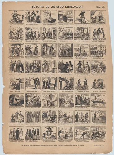 Broadside with 48 scenes relating to the story of a 'mico enredador' by Antonio Bosch, print, 1855-1865