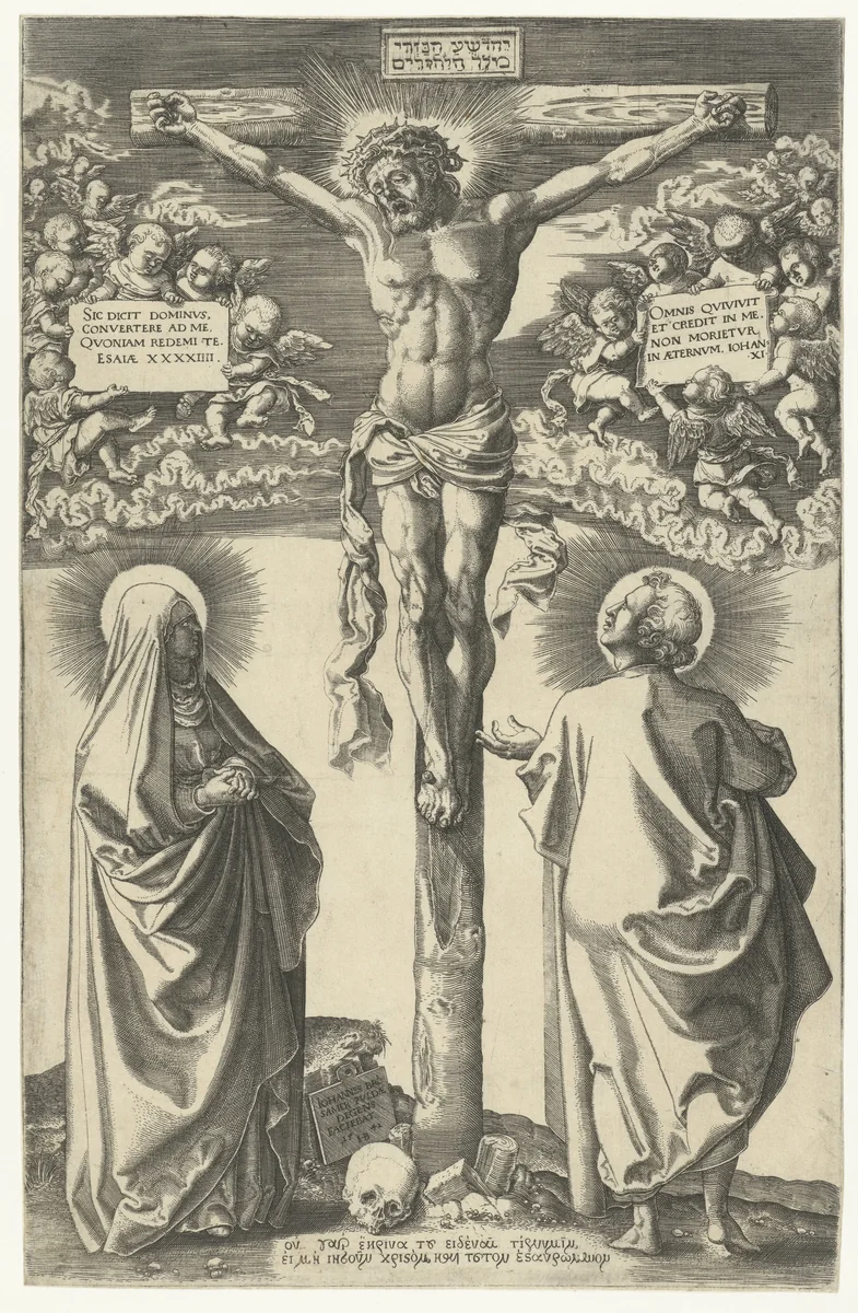 Christus aan het kruis tussen Maria en Johannes by Unknown, print, 1542