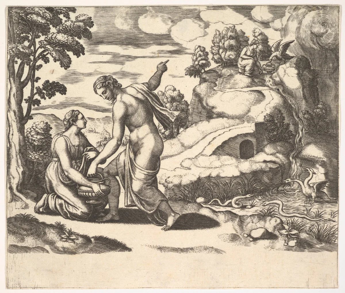 Venus ordering Psyche to take water from a fountain guarded by dragons, from 'Fable of Cupd and Psyche' by Master of the Die, print, 1530-1560