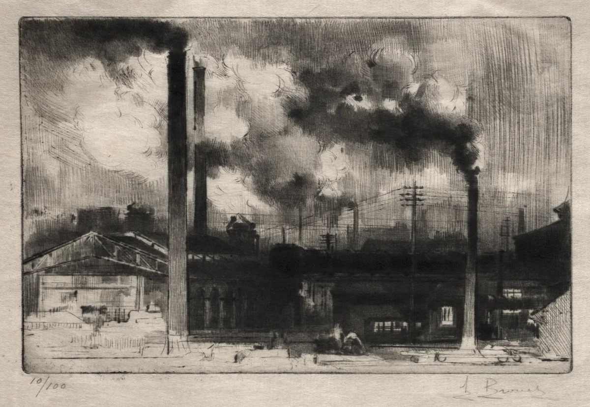 At the Creusot Works: The Smokestacks by Auguste Brouet, print, 1902-1941