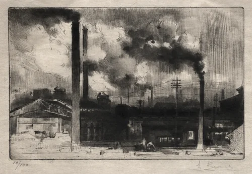 At the Creusot Works: The Smokestacks by Auguste Brouet, print, 1902-1941