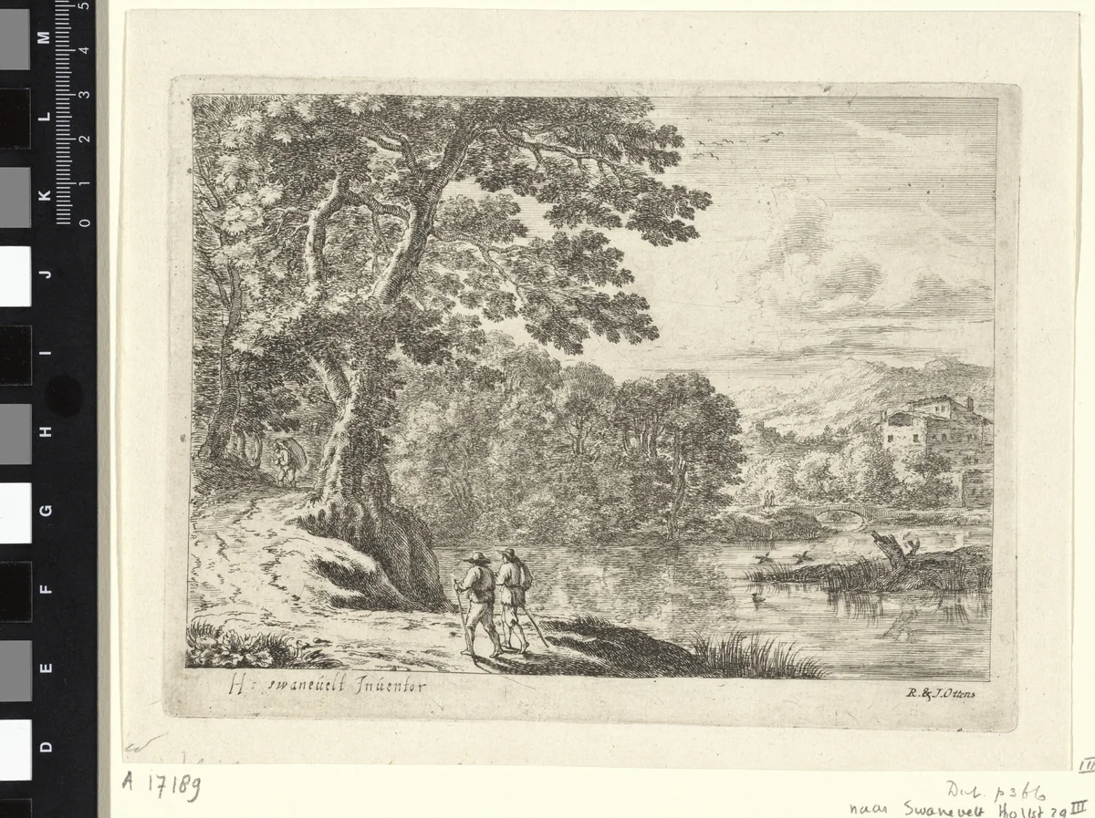 Landschap met een marskramer en wandelaars by anonymous, print, 1726-1751