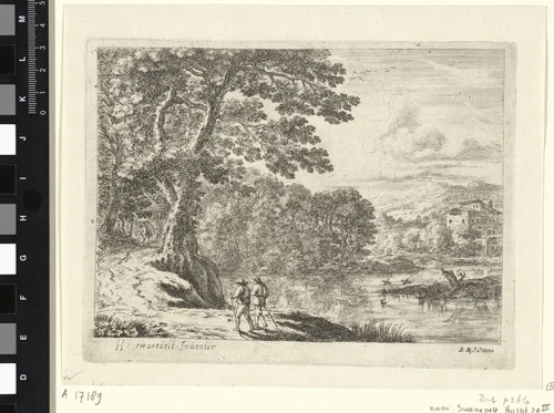 Landschap met een marskramer en wandelaars by anonymous, print, 1726-1751