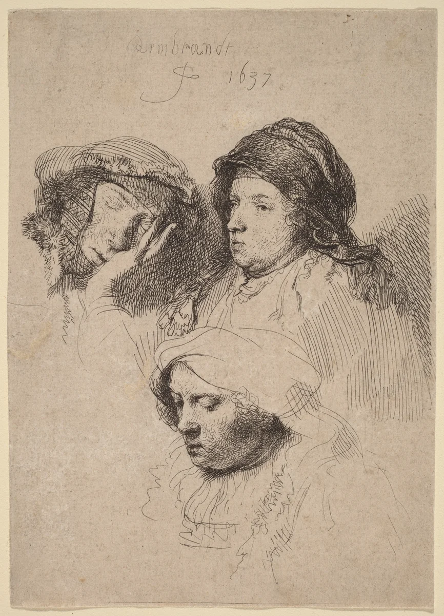 Three Heads of Women, One Asleep by Rembrandt van Rijn, print, 1637