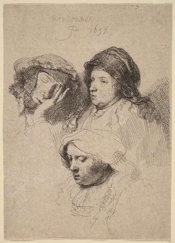 Three Heads of Women, One Asleep by Rembrandt van Rijn, print, 1637