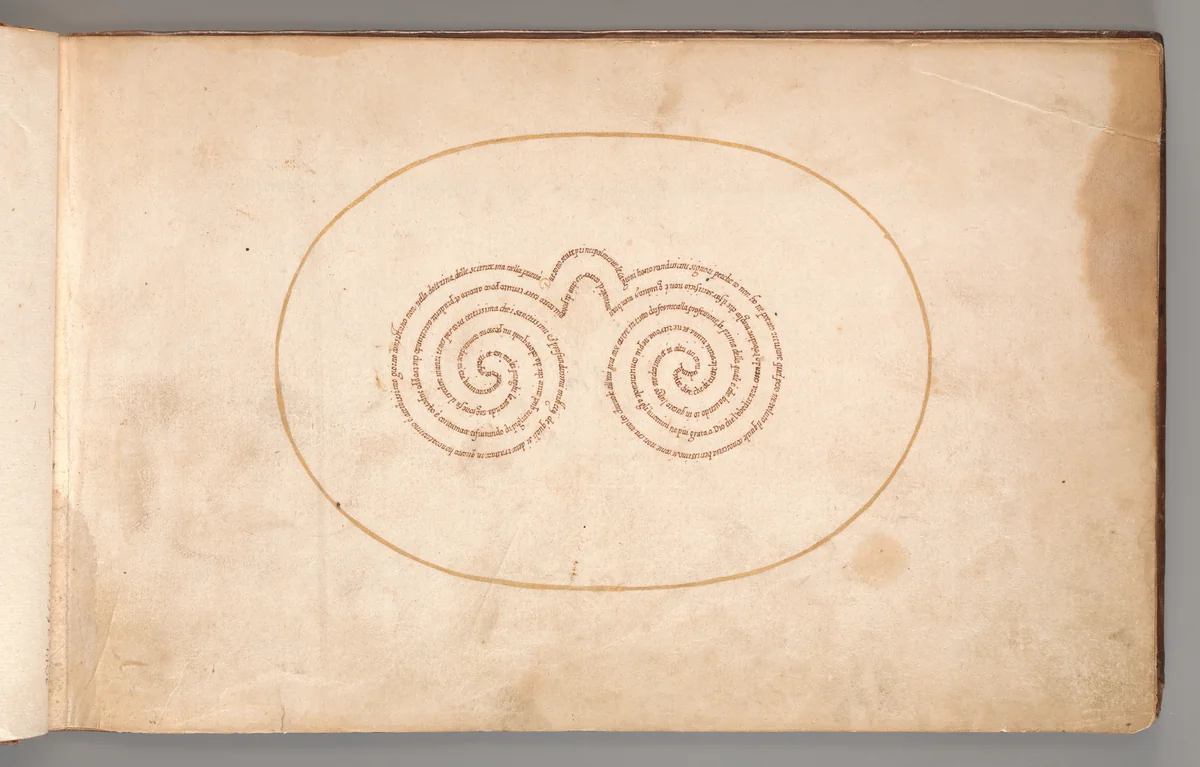 Micrographic Design in the Shape of a Pair of Glasses by anonymous, book, 1600-1625