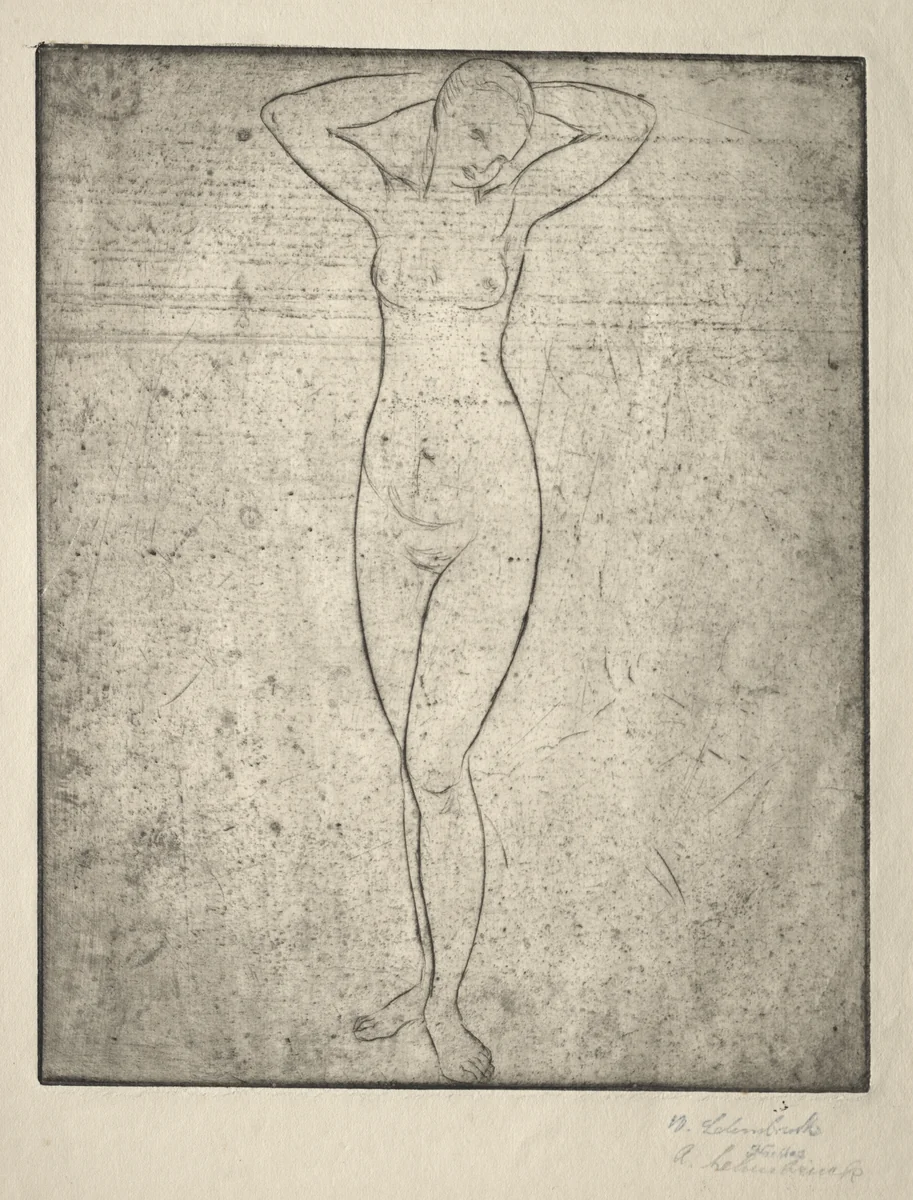 Standing Girl with Arms Behind her Head by Wilhelm Lehmbruck, print, 1912