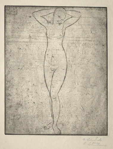 Standing Girl with Arms Behind her Head by Wilhelm Lehmbruck, print, 1912