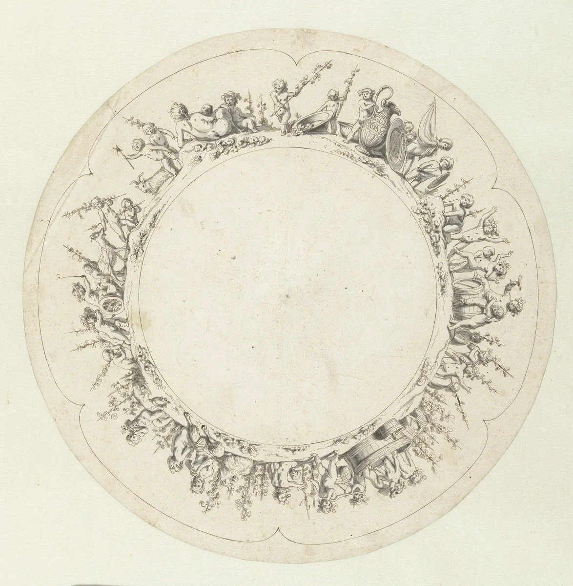 Design for a Silver Dish, the Rim Decorated with Cupids, a Nude Woman and Two Satyrs by Salomon de Bray, drawing, 1647