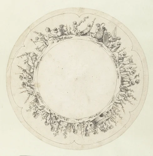 Design for a Silver Dish, the Rim Decorated with Cupids, a Nude Woman and Two Satyrs by Salomon de Bray, drawing, 1647