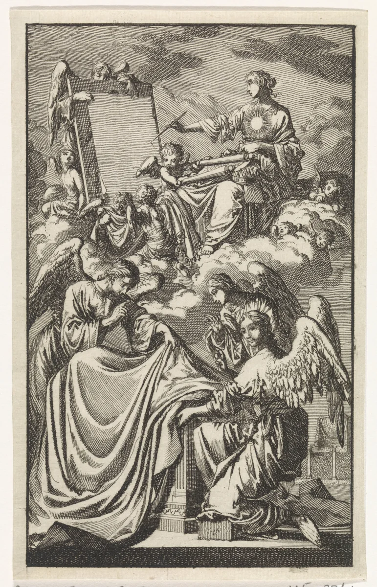 Allegorische vrouwenfiguur beschrijft in de wolken een paneel by Jan Luyken, print, 1705