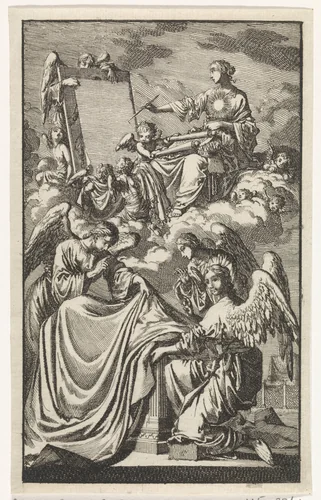 Allegorische vrouwenfiguur beschrijft in de wolken een paneel by Jan Luyken, print, 1705